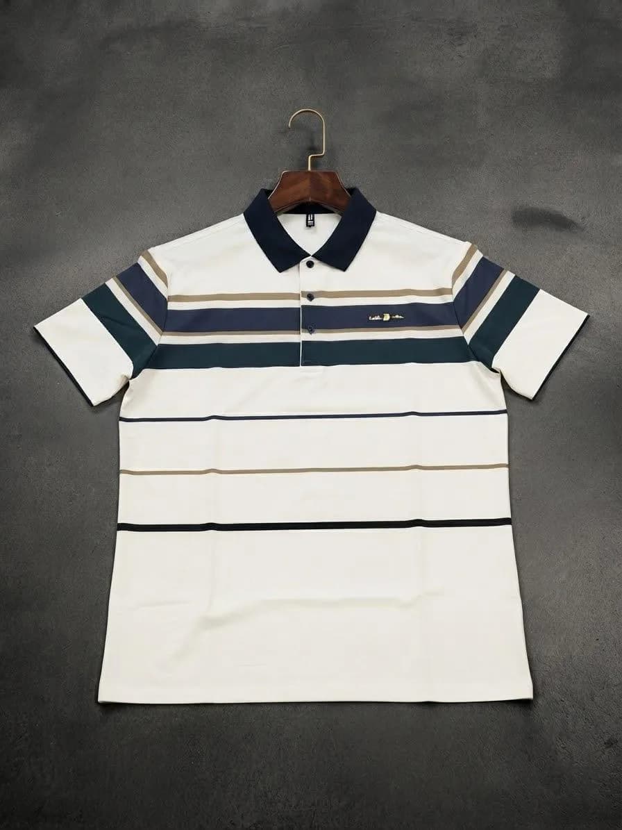 Engineered Stripe Polo Shirt – Off-White with Navy Collar — image 1