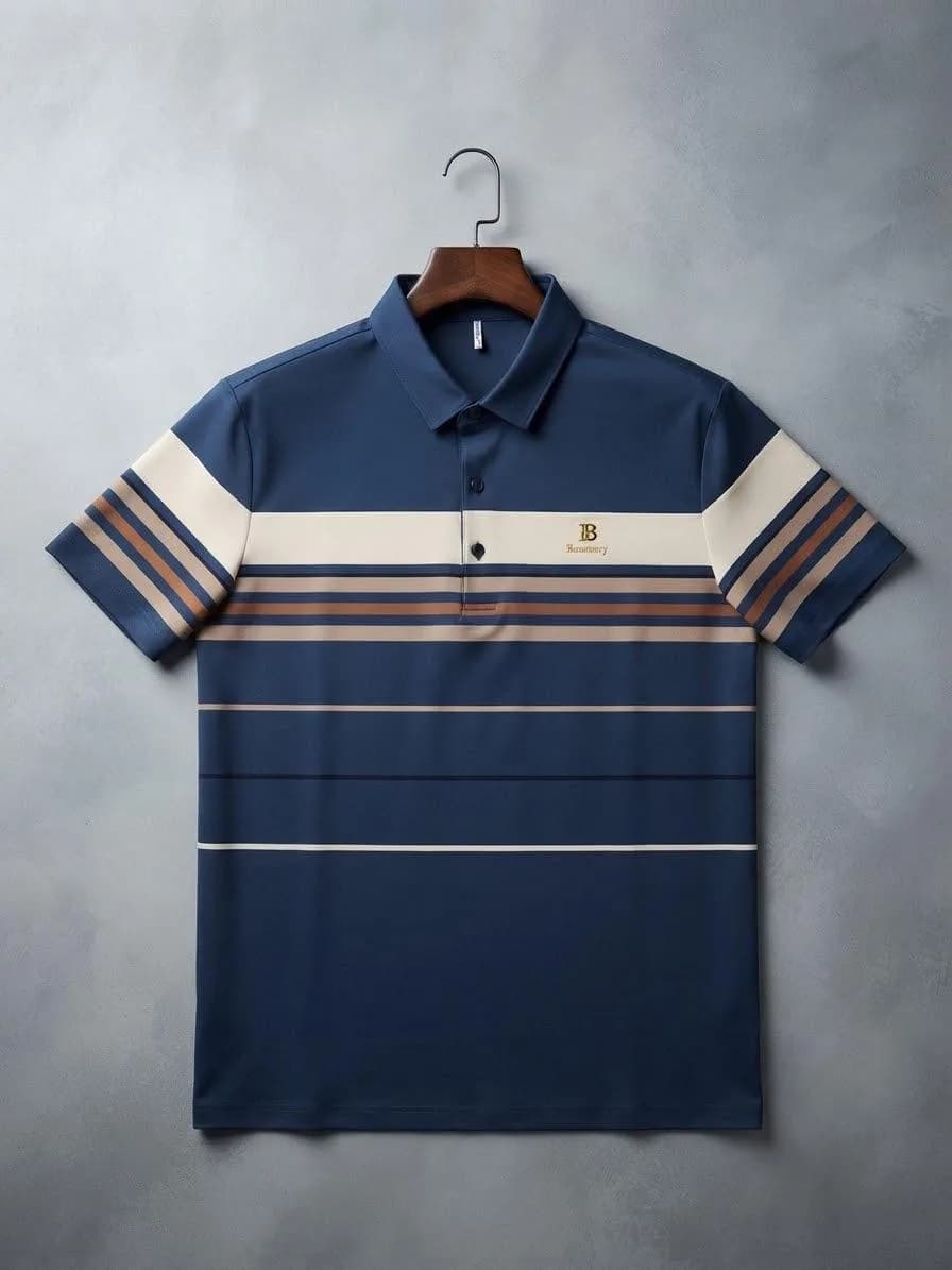 Engineered Stripe Polo Shirt – Navy with Cream & Rust — image 1