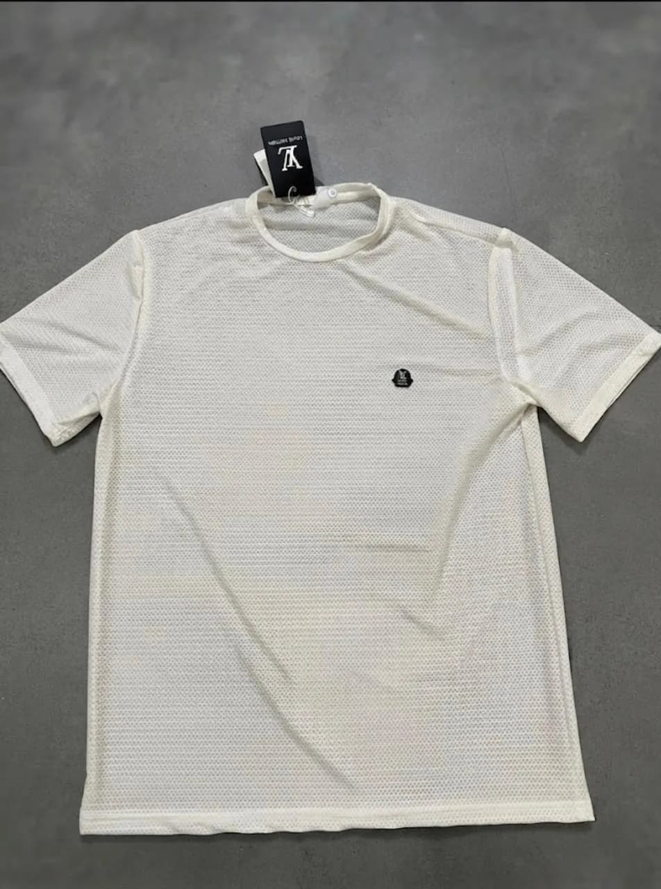 Textured Mesh Crew Neck T-Shirt – Ivory — image 1