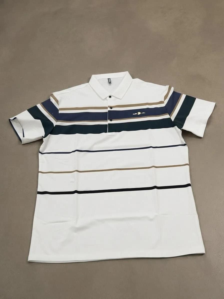 Engineered Stripe Polo Shirt – White with Navy & Green — image 1