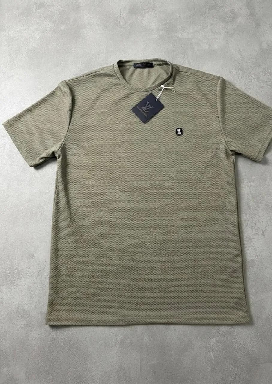 Textured Mesh Crew Neck T-Shirt – Olive — image 1
